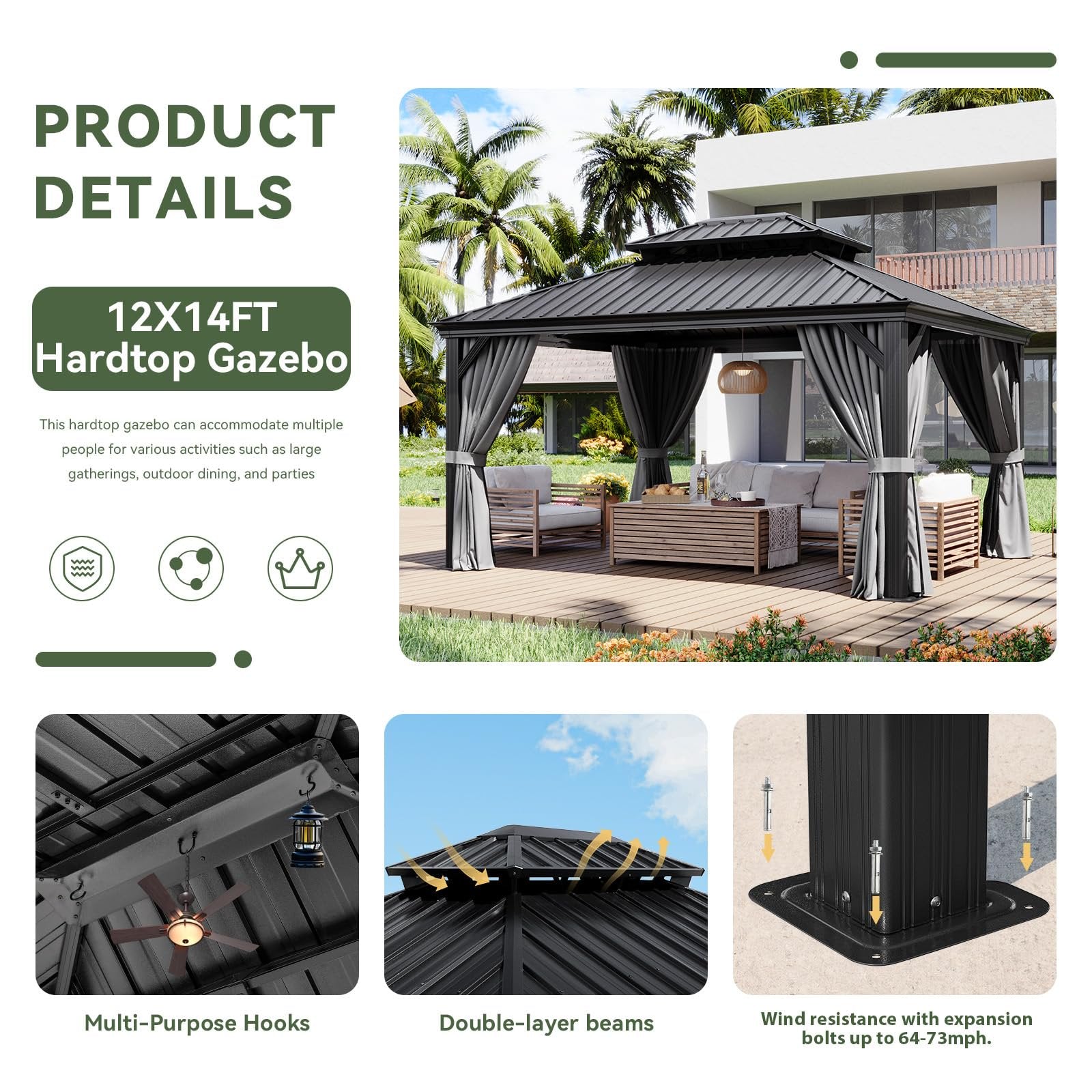 12' X 14' Hardtop Gazebo with Drainage System, Aluminum Outdoor Gazebo with Galvanized Steel Double Roof, Patio Permanent Metal Gazebo Pavilion with Netting, for Garden, Deck, Backyard, Grey