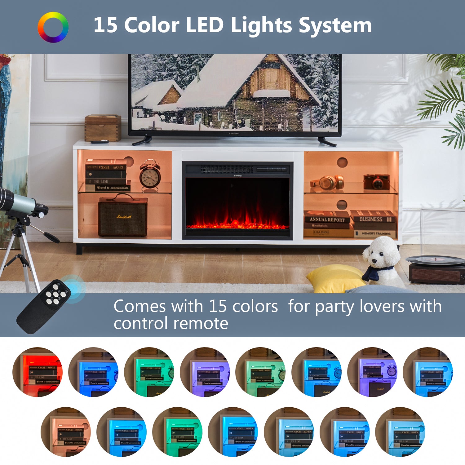 65" TV Stand with Fireplace for TVs up to 75", Entertainment Center with LED Light, TV Stand for Living Room, White