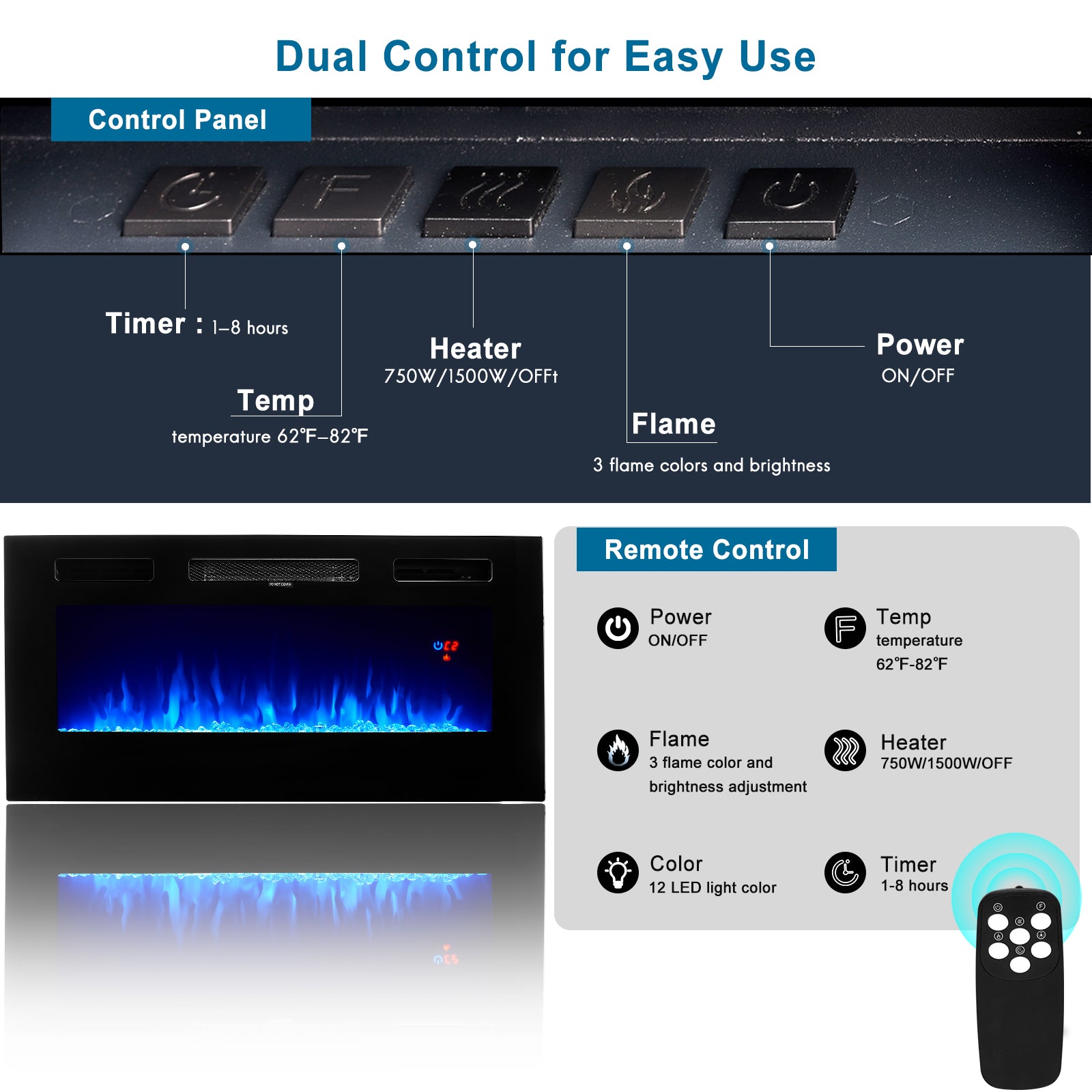 70" Fireplace TV Stand with LED Display, Entertainment Center, for TVs up to 80", Black