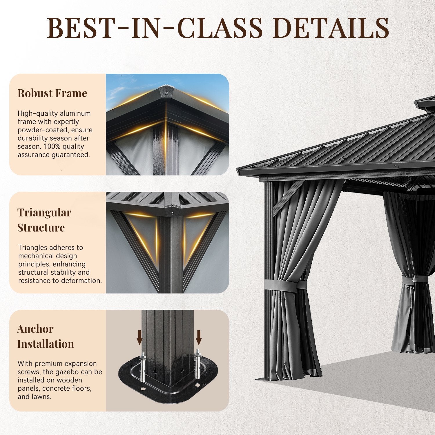 12' x 12' Outdoor Hardtop Gazebo, Galvanized Double Roof Canopy Gazebo,Aluminum Frame Permanent Pavilion with Mosquito Net and Privacy Curtain for Garden, Patio, Gray
