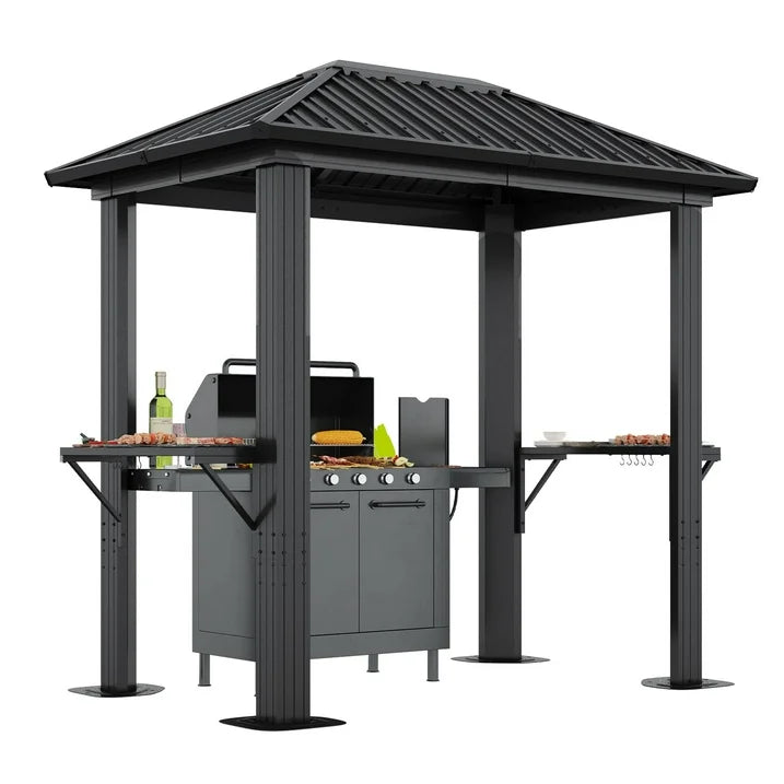 Grill Hardtop Gazebo 5 x 8 FT, Outdoor Metal Hard Top Gazebo, Permanent BBQ Gazebo with Galvanized Steel Roof, Aluminum Pavilion with Shelves for Lawn, Garden, Patio, Backyard