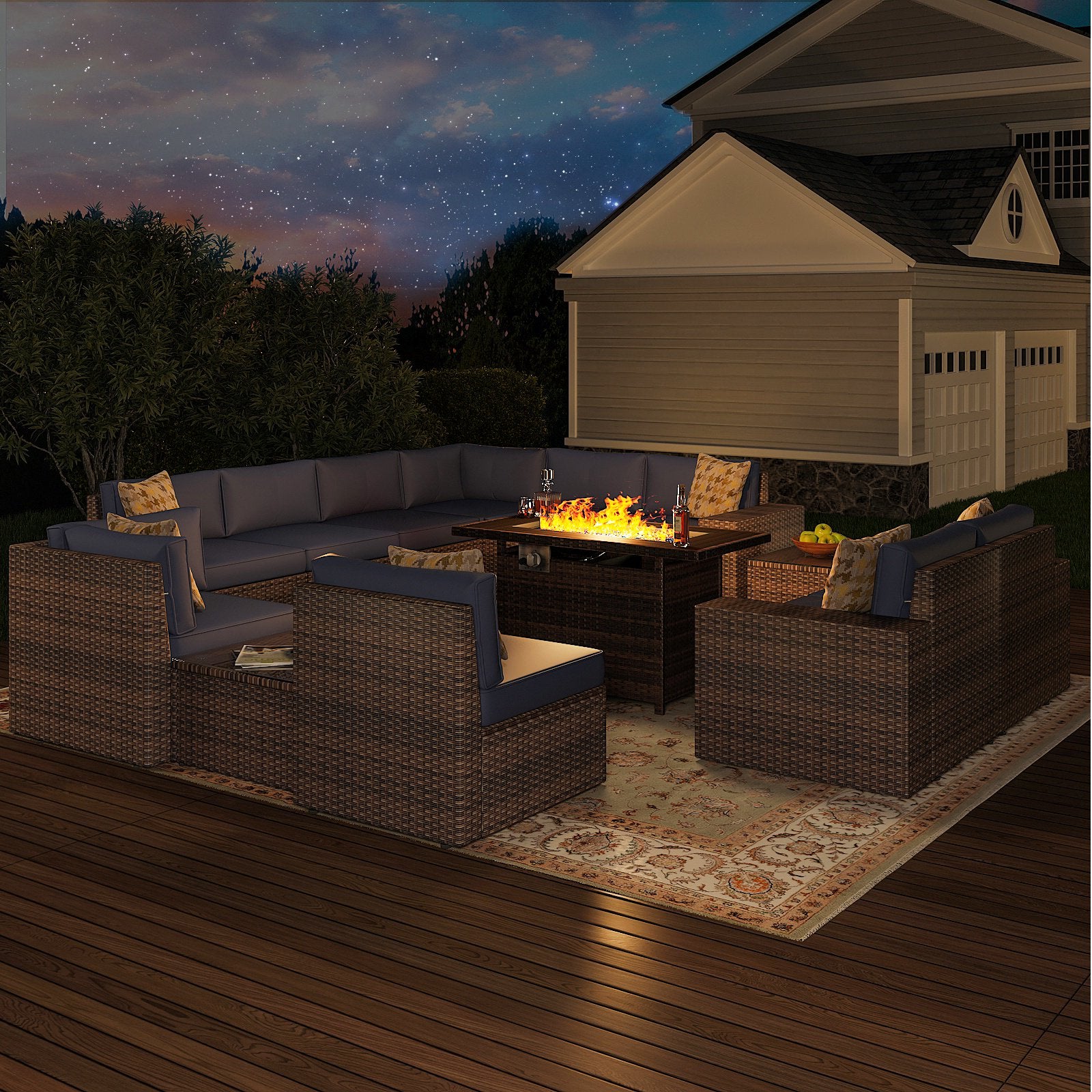 13pcs Outdoor Patio Furniture Sets with Fire Pit Table, PE Rattan Wicker Conversation Sofa Set with 2 Coffee Table for Lawn, Backyard,Balcony, Blue