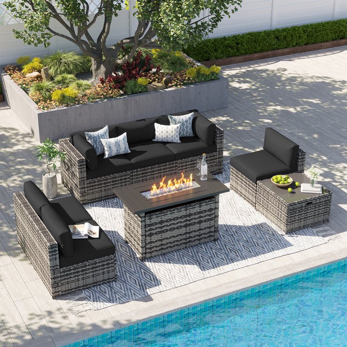 Clouddwell 8 Piece Patio Furniture Set with 44” Fire Pit Table Wicker Rattan Patio Conversation Set Outdoor Sectional Sofa Set with Coffee Table and Black Cushions(Waterproof Cover Included)