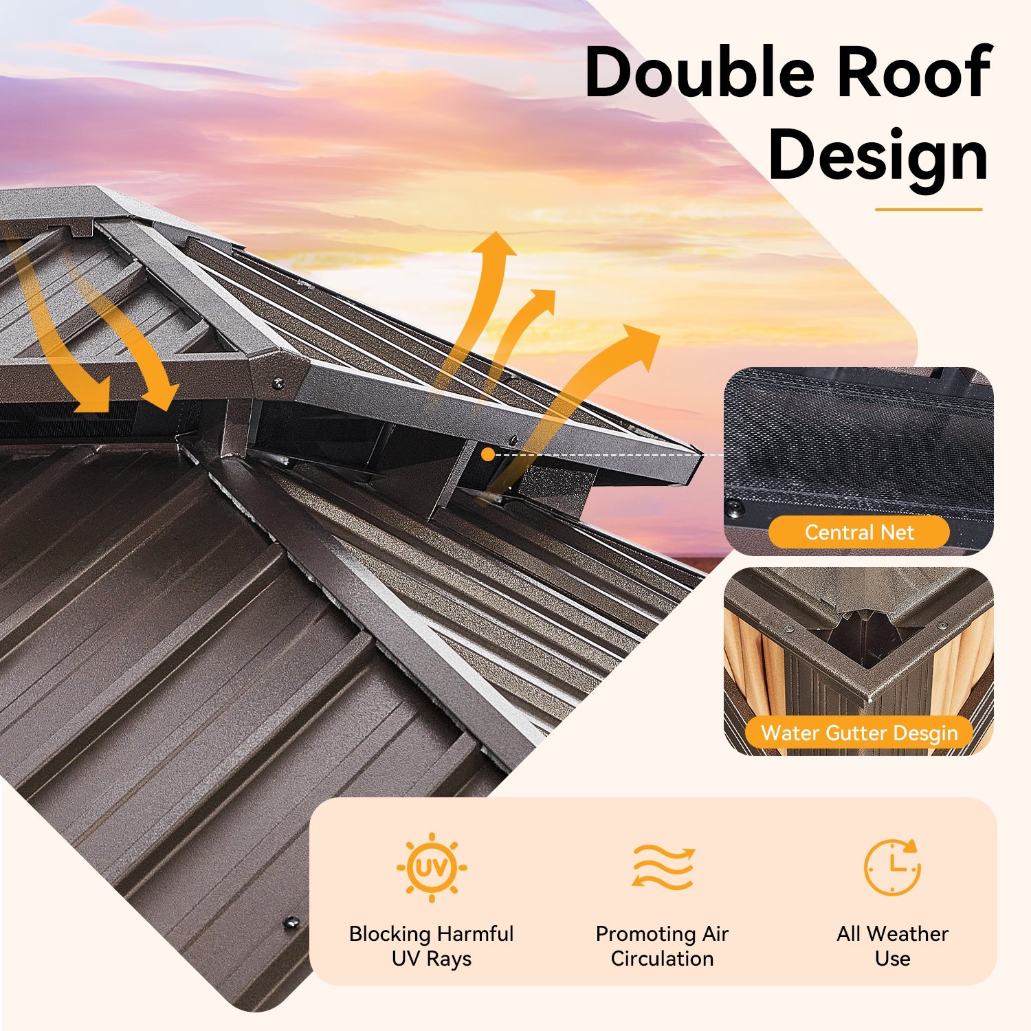 12' x 20' Hardtop Gazebo, Outdoor 2-Tier Galvanized Roof Canopy, Aluminum Frame Permanent Pavilion with with Netting and Curtains for Garden, Patio, Lawns, Brown