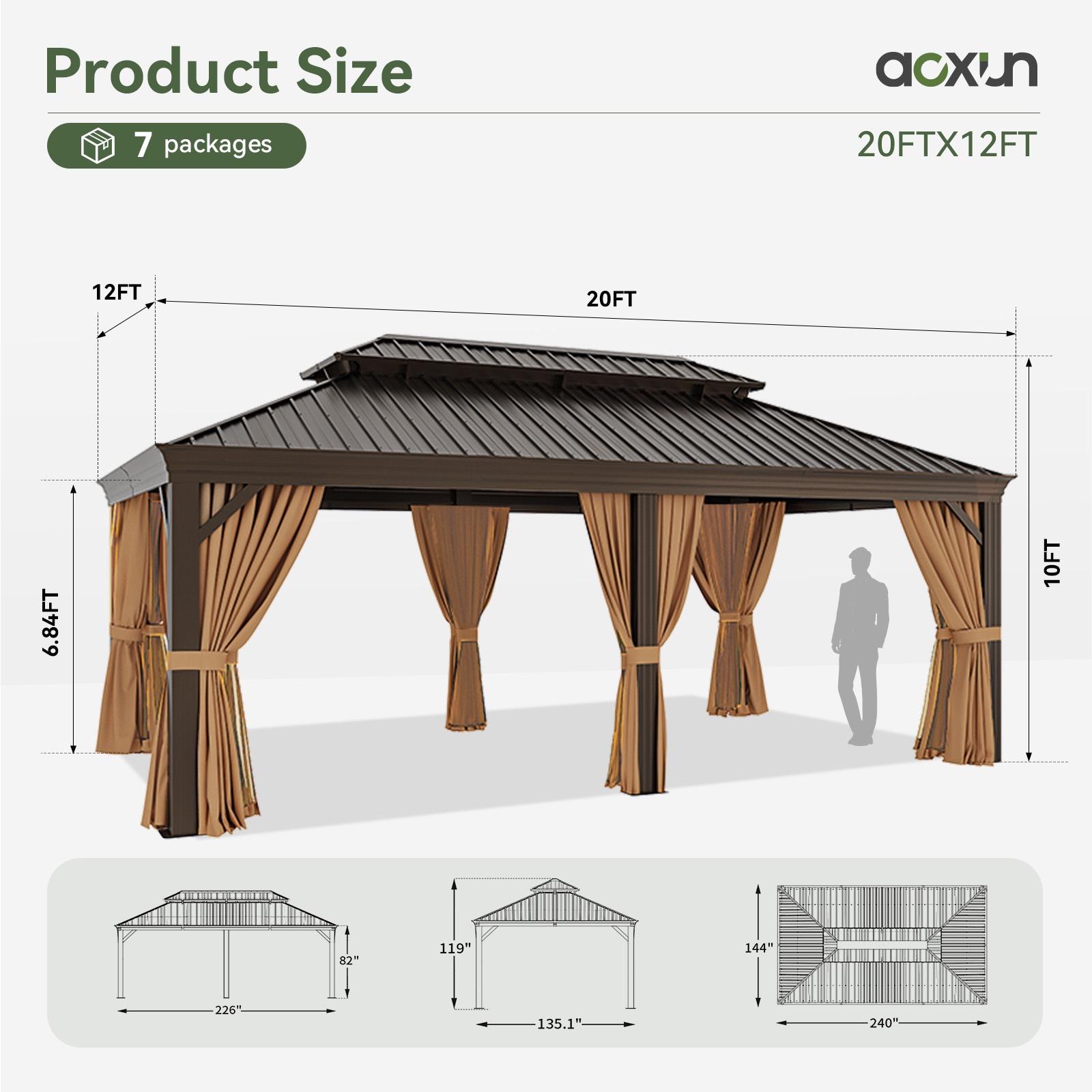 12 ft. x 20 ft. Outdoor Hardtop Gazebo, Galvanized Steel Double Roof Gazebo with Curtain and Netting