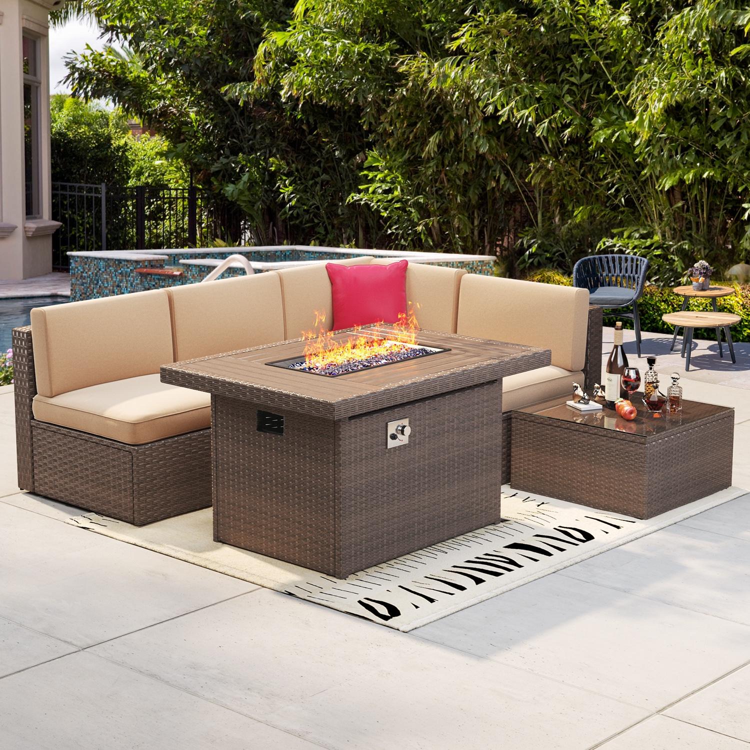 5pcs Patio Conversation Set with Fire Pit Table, Outdoor PE Wicker Conversation Set with Tempered Glass Coffee Table,Brown