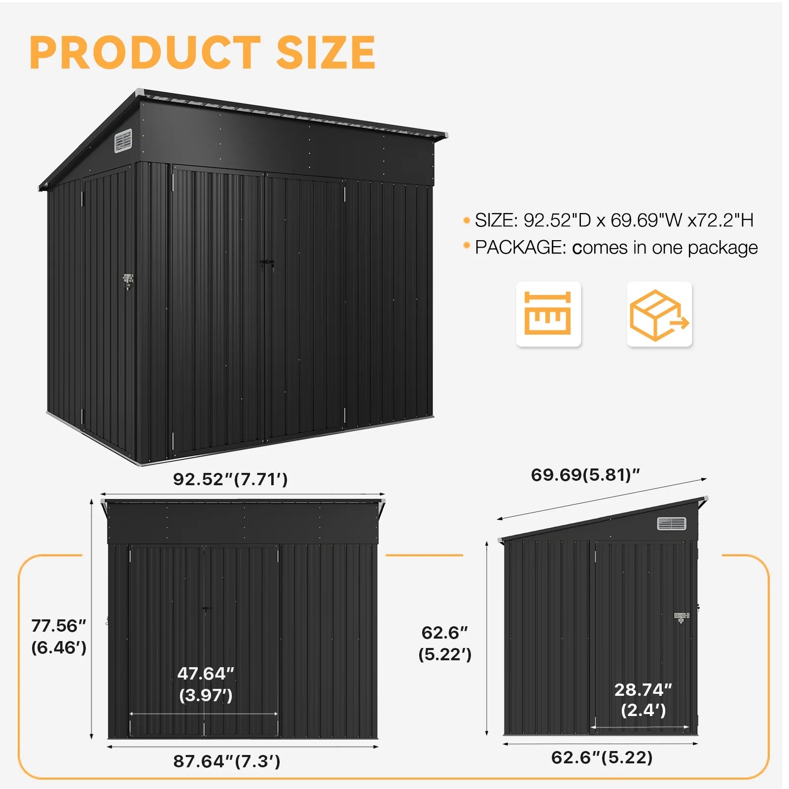 7.5'x5.5' Shed Outdoor Storage Shed with Triple Lockable Door Metal