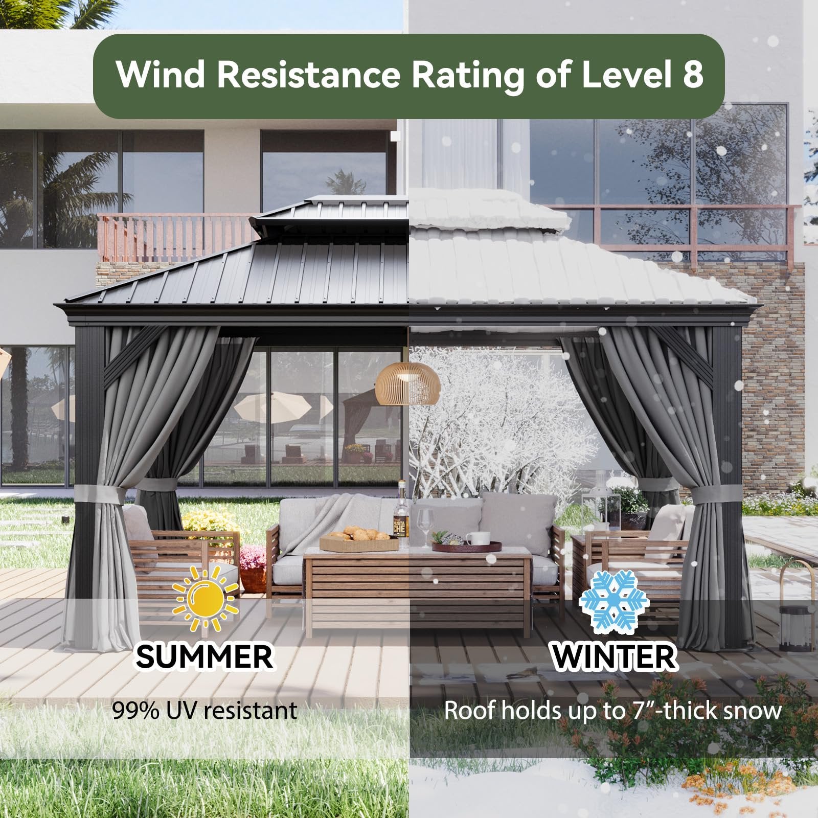 10' X 14' Hardtop Gazebo with Drainage System, Aluminum Outdoor Gazebo with Galvanized Steel Double Roof, Patio Permanent Metal Gazebo Pavilion with Netting, for Garden, Deck, Grey