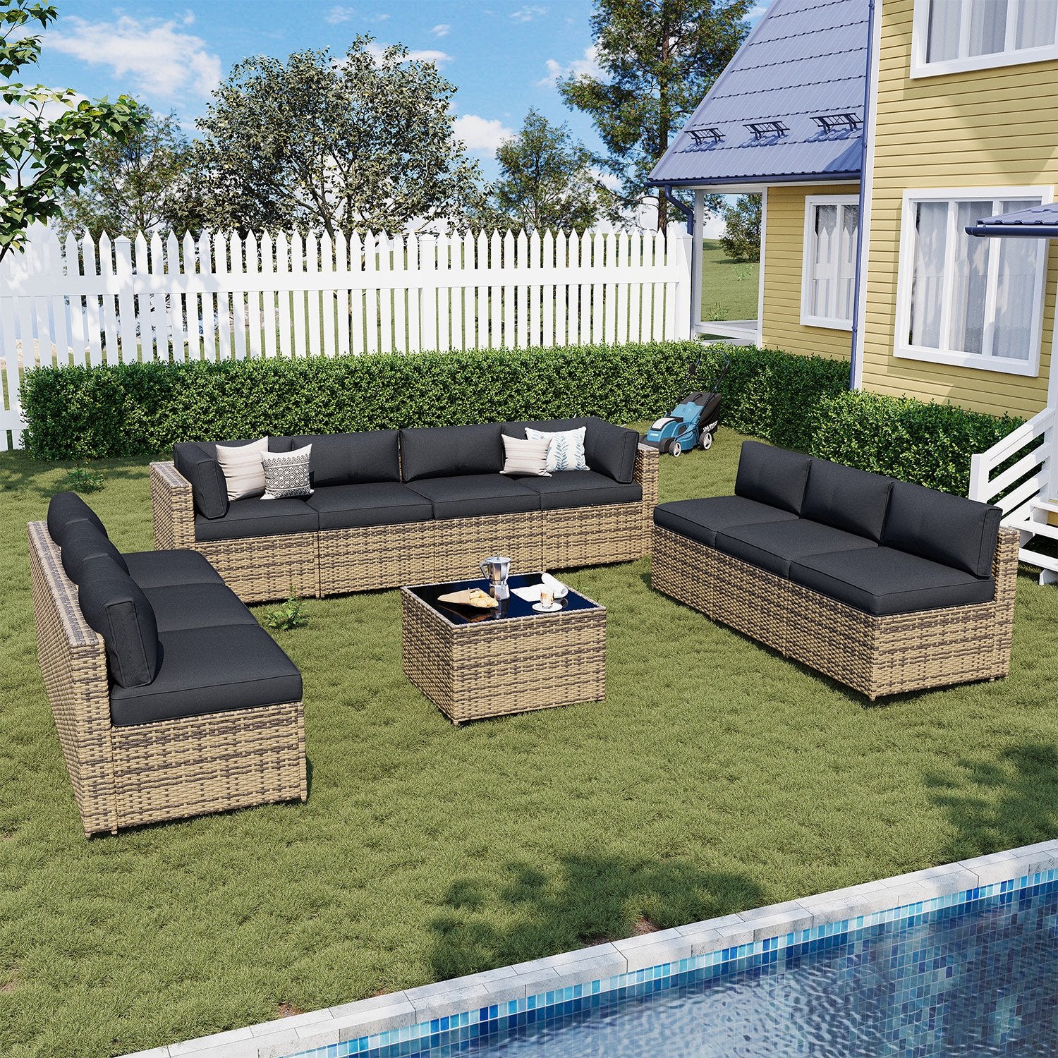 Sunmthink Patio Furniture Sets, 11-Piece Outdoor Patio Furniture with Thick Cushions, Wicker Outdoor Conversation Set and Waterproof Cover for Backyard, Poolside, Garden