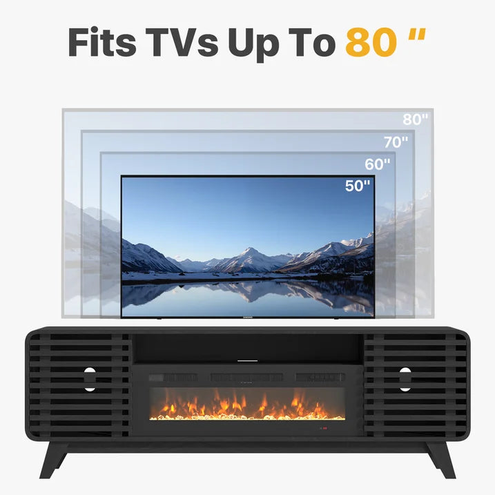 Sonegra Fireplace TV Stand with 36" Electric Fireplace, Mid Century Modern Entertainment Center with Led Lights for 80" TVs , Wood Media Console with Slatted Sliding Doors for Living Room
