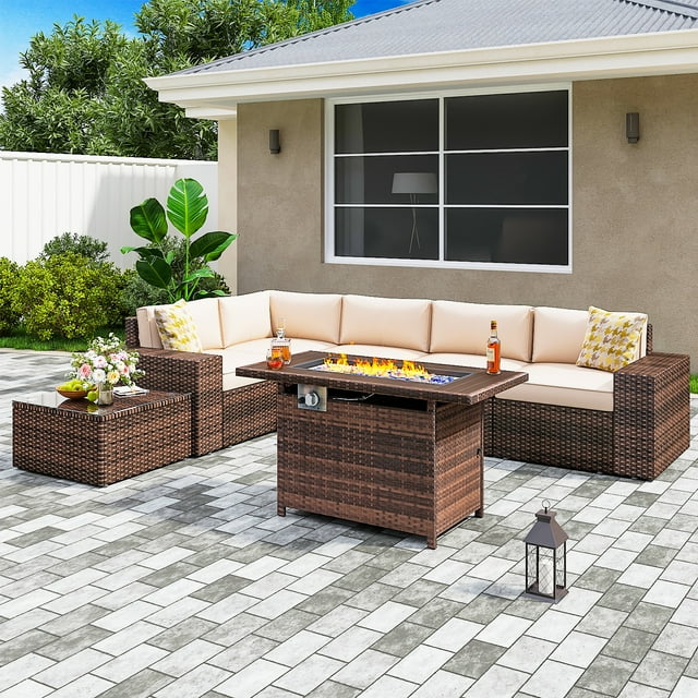 7 Pieces Outdoor Patio Furniture Sets with 44'' Fire Pit Table, PE Rattan Wicker Sectional Sofa with Coffee Table for Lawn, Backyard,Balcony, Beige