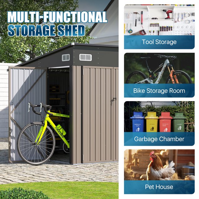 12' x 8' Metal Storage Shed with Triple Doors, Lockable Lean-to Design & Vents, Brown