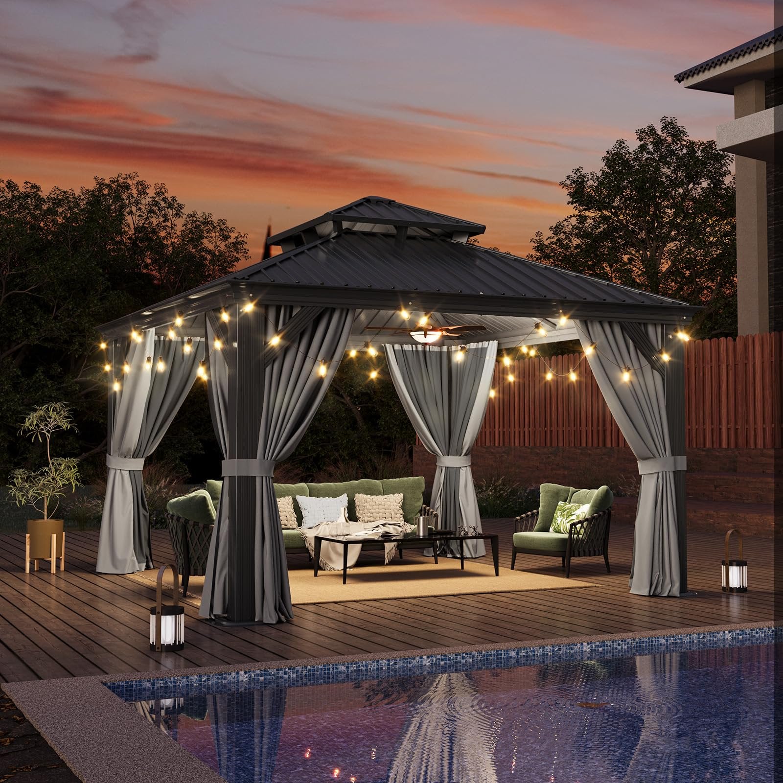 12' X 12' Hardtop Gazebo with Drainage System, Aluminum Outdoor Gazebo with Galvanized Steel Double Roof, Patio Permanent Metal Gazebo Pavilion with Netting, for Garden, Deck, Grey