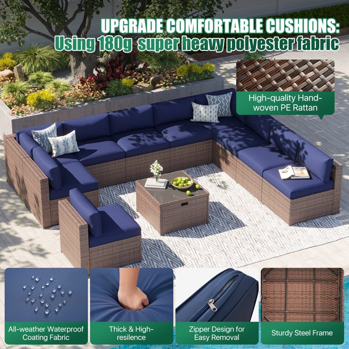 Clouddwell 11 Piece Patio Furniture Set Wicker Rattan Patio Conversation Set Outdoor Sectional Sofa Set with Coffee Table and Blue Cushions