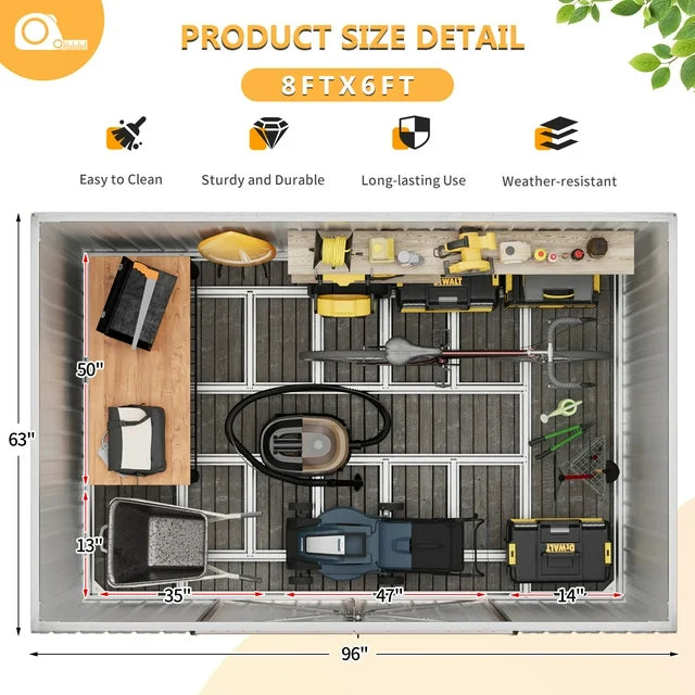 8.5' x 5.6' Outdoor Metal Storage Shed with Base Frame, Steel Garden Shed for Backyard, Patio, Lawn(Floor included)