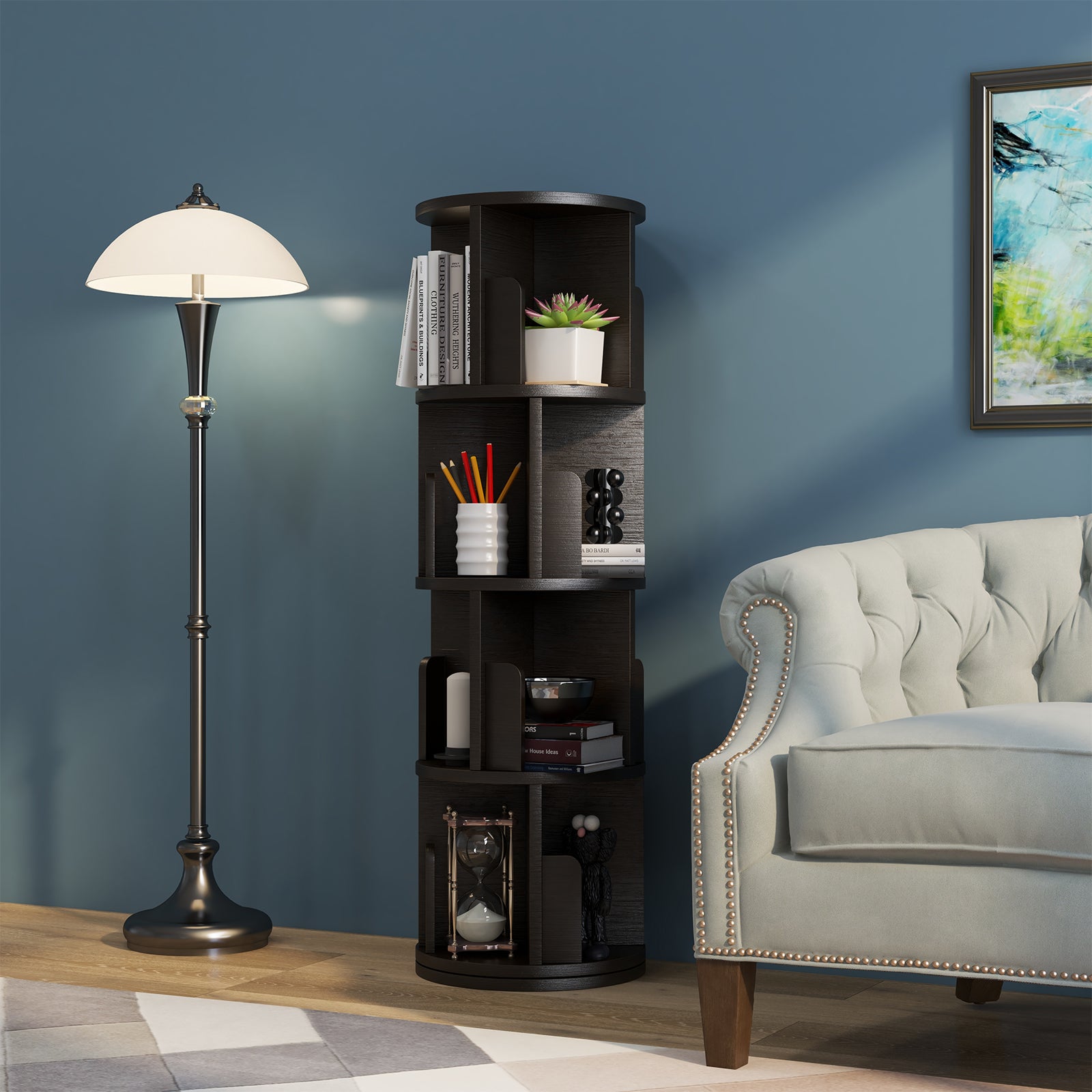 4 Tier Rotating Bookshelf, 360° Rotating Wood Floor Standing Bookcase, Freestanding Storage Shelf, Swivel Bookshelf Display Rack, Black