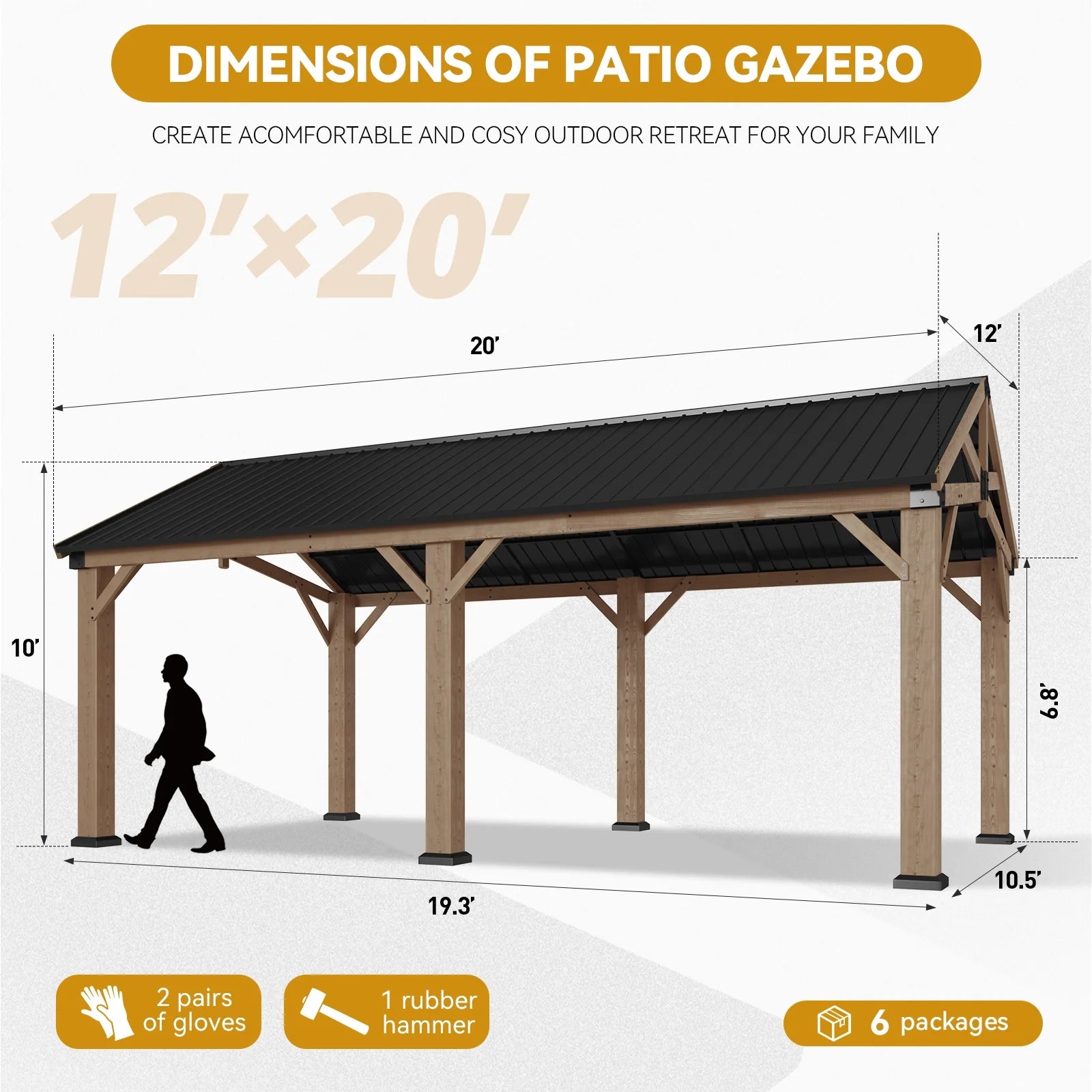 Sunmthink 12' x 20' Outdoor Wood Frame Gazebo, Hardtop Gazebo with Galvanized Steel, Permanent Wooden Pavilion for Patio Backyard Lawn Garden