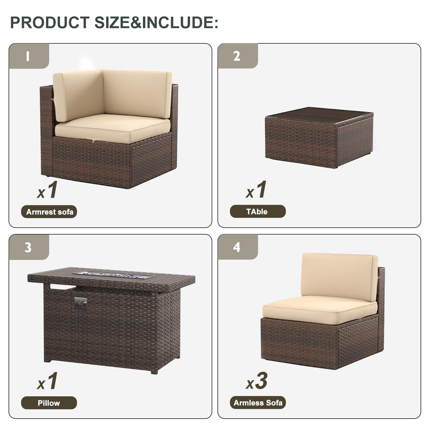 5pcs Patio Conversation Set with Fire Pit Table, Outdoor PE Wicker Conversation Set with Tempered Glass Coffee Table,Brown