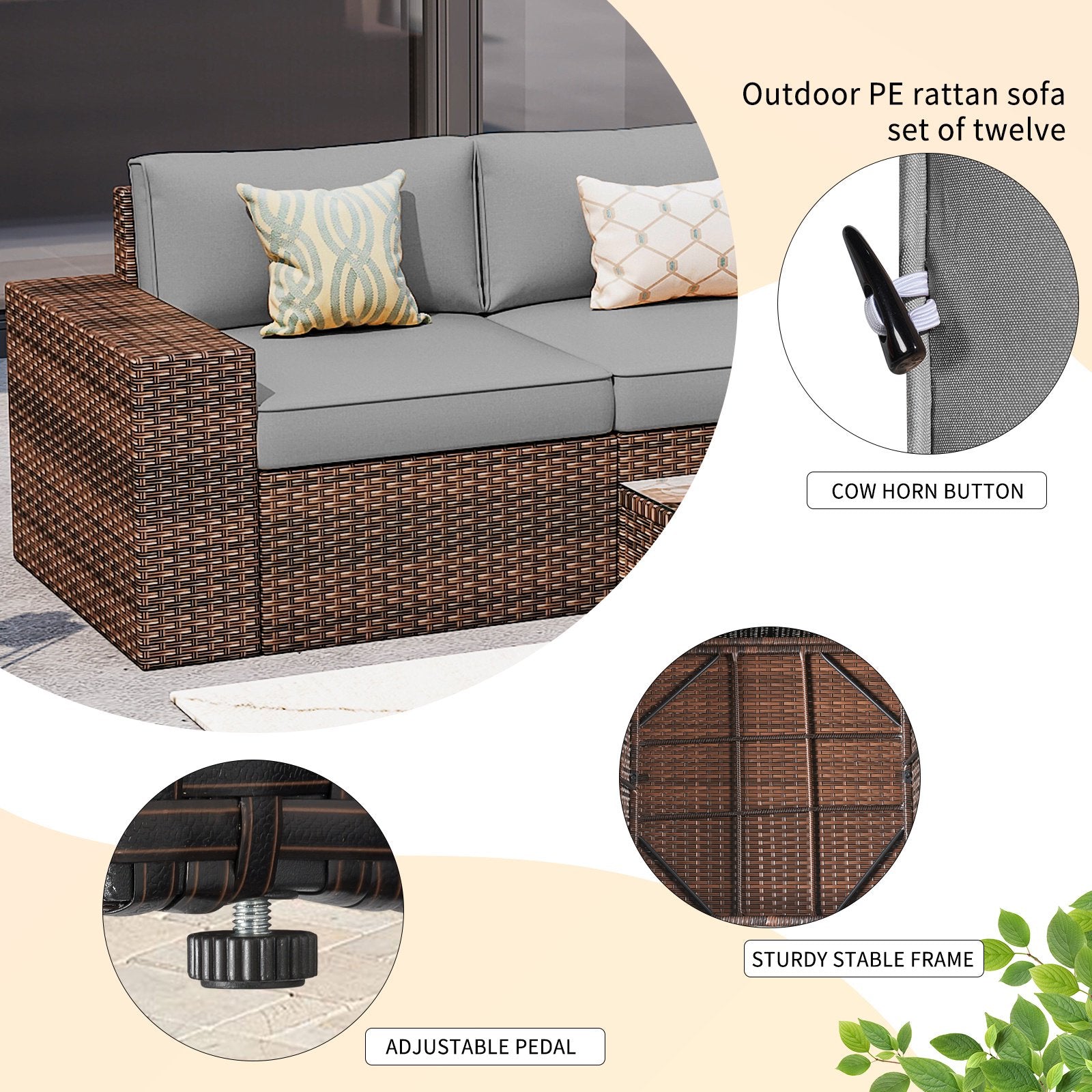 13pcs Outdoor Patio Furniture Sets with Fire Pit Table, PE Rattan Wicker Conversation Sofa Set with 2 Coffee Table for Lawn, Backyard,Balcony, Gray
