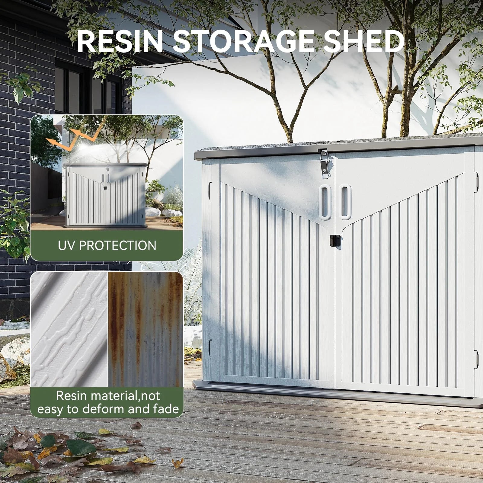 35 Cu.Ft Outdoor Storage Shed, Waterproof Horizontal Resin Cabinet for Trash Cans, Lawn Mowers, Generators, and Garden Tools, White