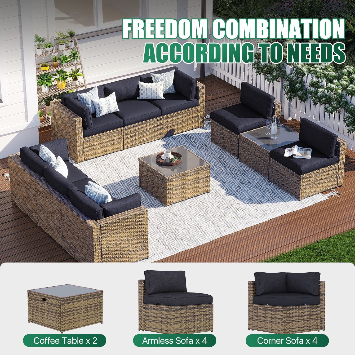 Clouddwell 10 Piece Patio Furniture Set Wicker Rattan Patio Conversation Set Outdoor Sectional Sofa Set with Coffee Table and Black Cushions(Waterproof Cover Included)