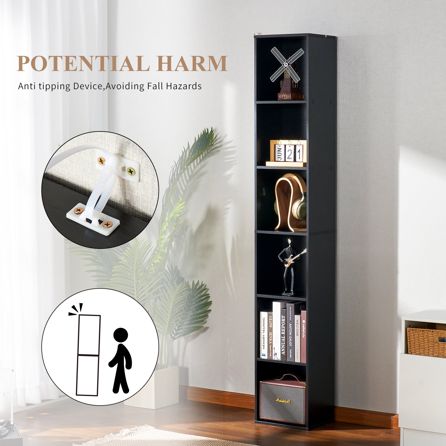 6-tier Standard Bookcase 71.5" Tall Bookshelf for Home Office, Black