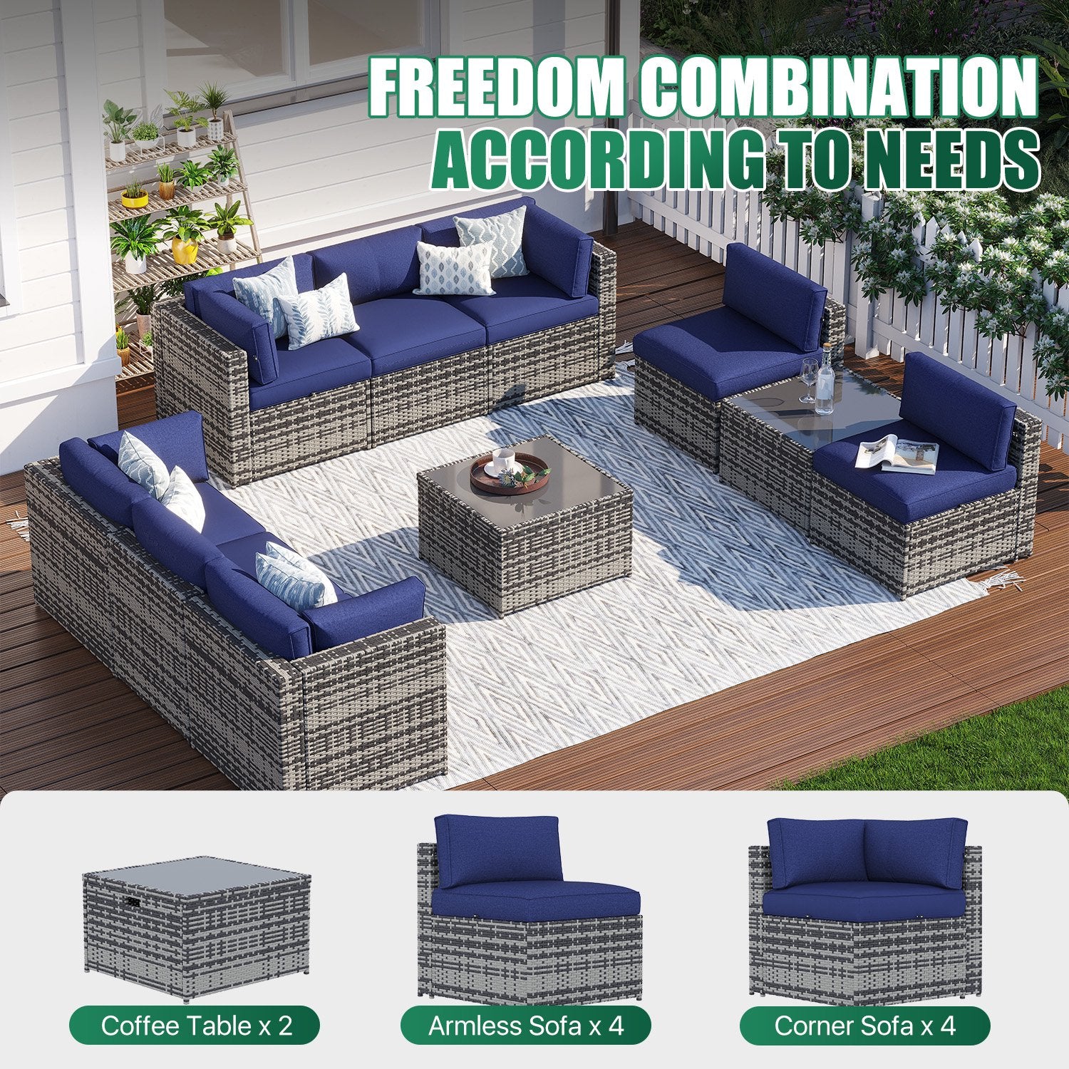 Clouddwell 10 Piece Patio Furniture Set Wicker Rattan Patio Conversation Set Outdoor Sectional Sofa Set with Coffee Table and Blue Cushions(Waterproof Cover Included)