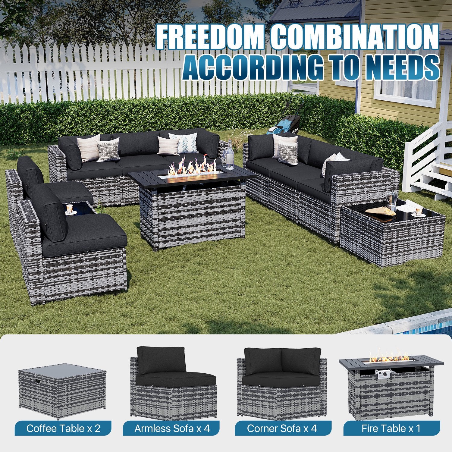 Sunmthink Patio Furniture Sets, 11-Piece Outdoor Patio Furniture with 44'' Propane Gas Firepit Table, Wicker Outdoor Conversation Set and Waterproof Cover for Backyard, Poolside, Garden