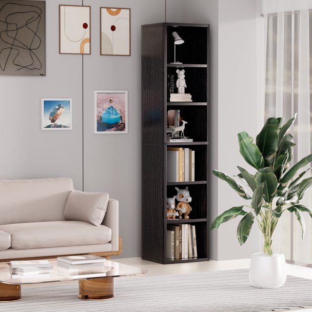 6 Tier Standard Bookcase, 71.5" Tall Wooden Storage Book Shelf for Home Office and Bedroom, Black