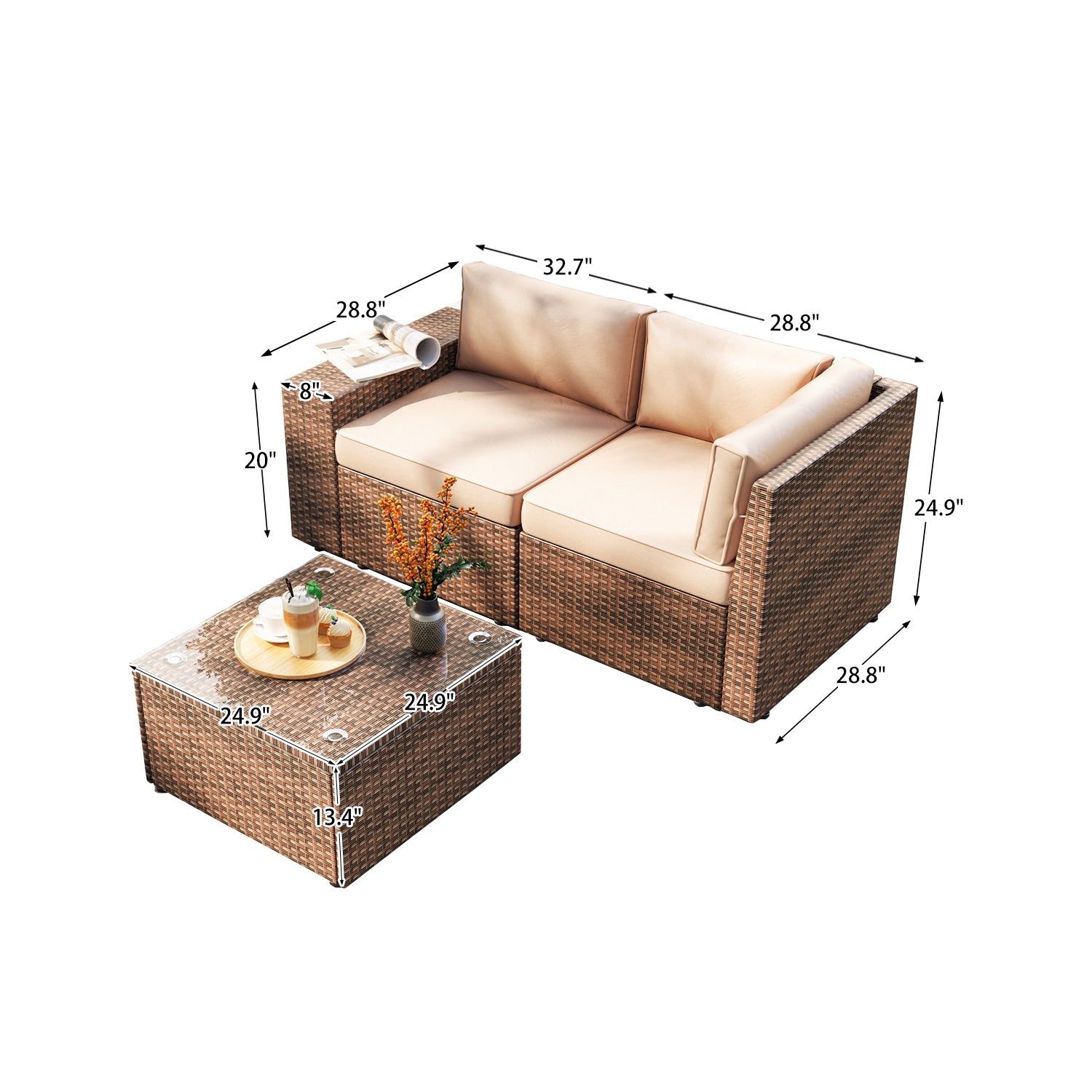 3 Pcs Patio Furniture Sets with Coffee Table,Patio Conversation Sets,Brown