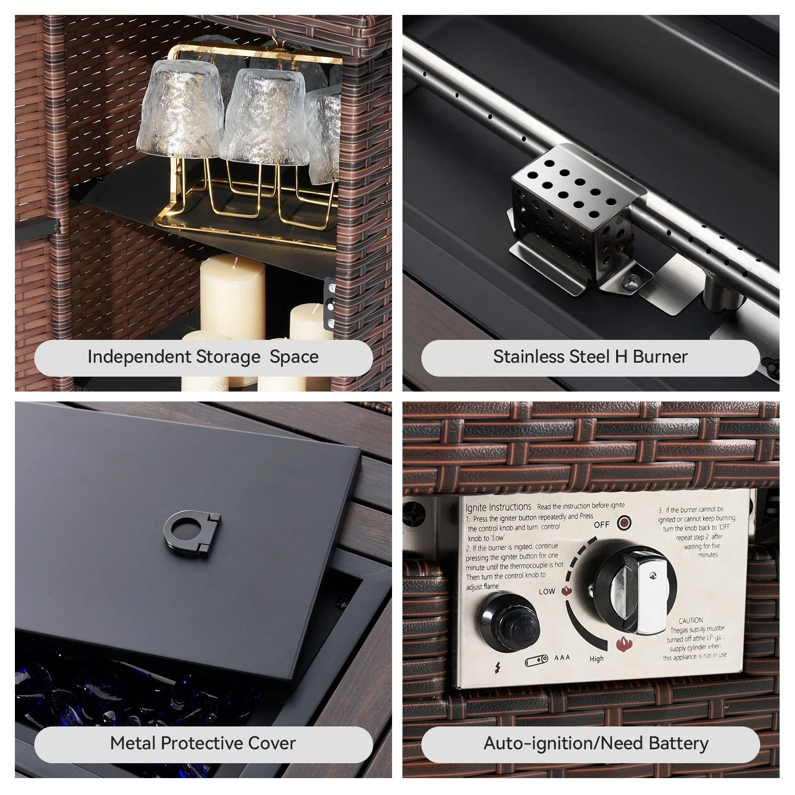 Propane Fire Pit Table, 40 in CSA Propane Fire Table Rectangular, 50,000 BTU Auto Ignition Gas Fire Pit for Outside Patio Deck, Brown Wicker