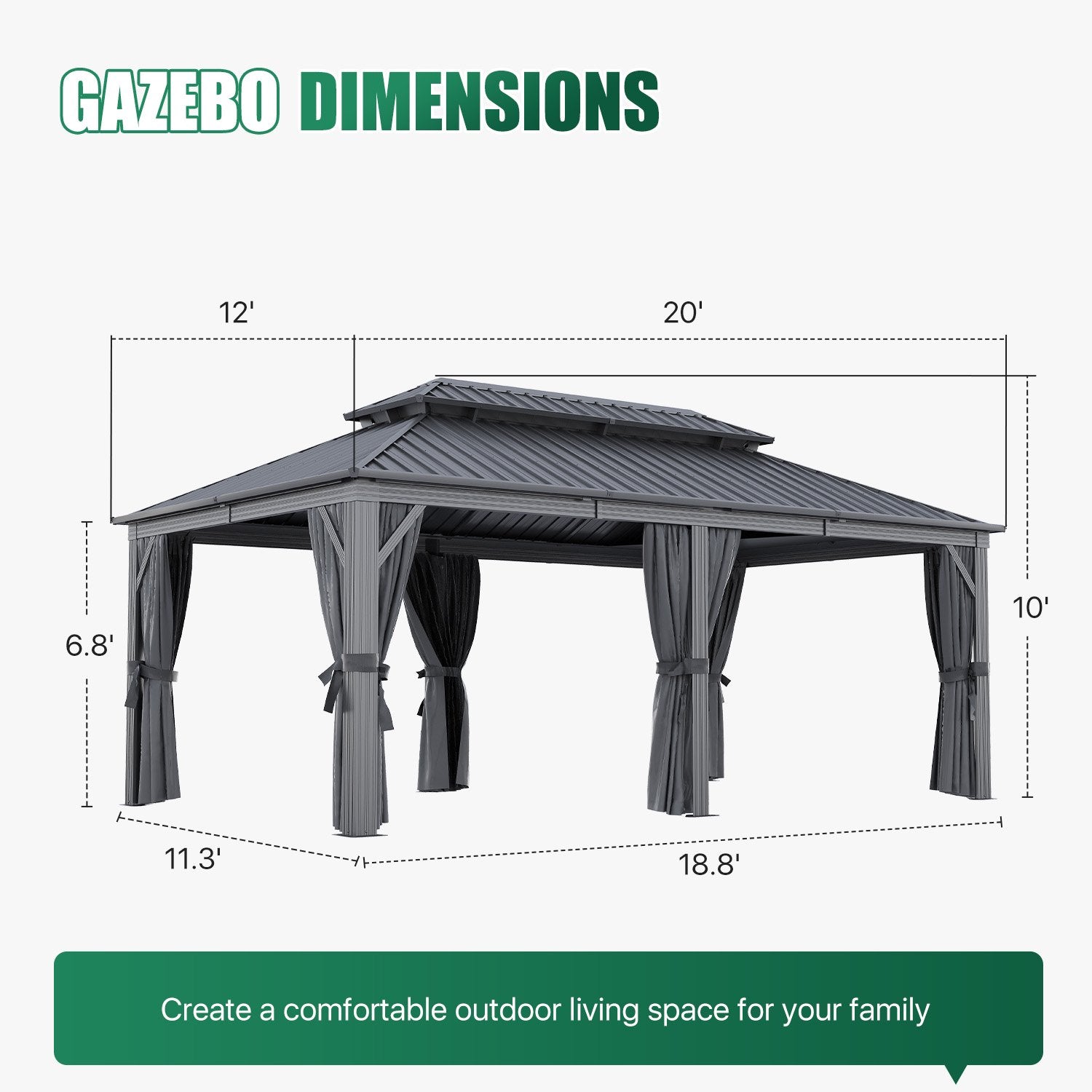 Clouddwell 12' x 20' Gazebo for Patio, Gazebo Pergola with Sloped Roof, Large Wall-Mounted Heavy Duty Awnings, for Deck, Patio and Backyard