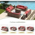 15 Piece Patio Furniture Set with 44” Fire Pit Table Wicker Rattan Outdoor Sectional Sofa Set with Coffee Table and 4” Thickened Cushions, Red (Waterproof Cover Included)