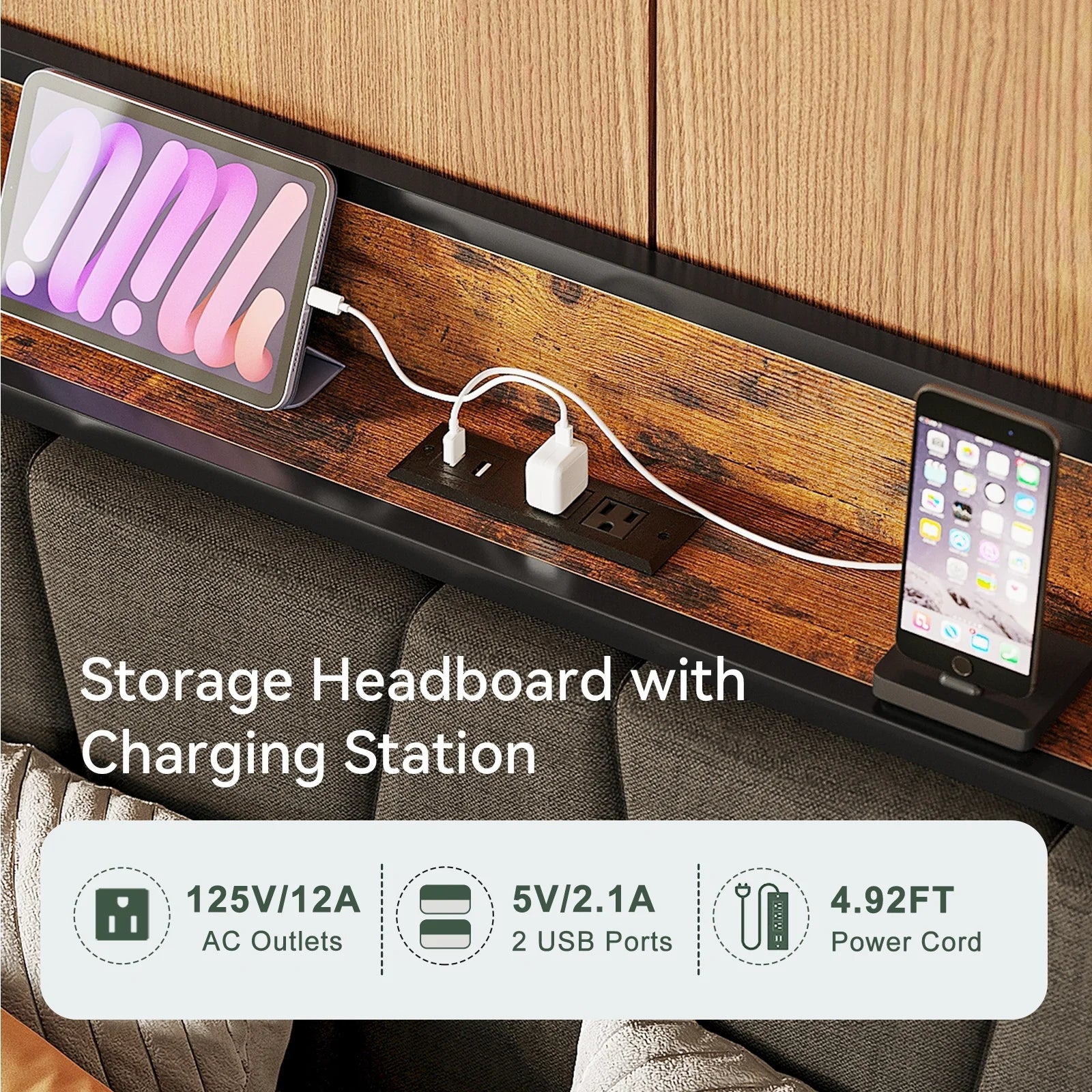 Queen Size Bed Frame Platform with Upholstered Headboard, 2 Charging Station and Outlets & USB, Rustic Brown