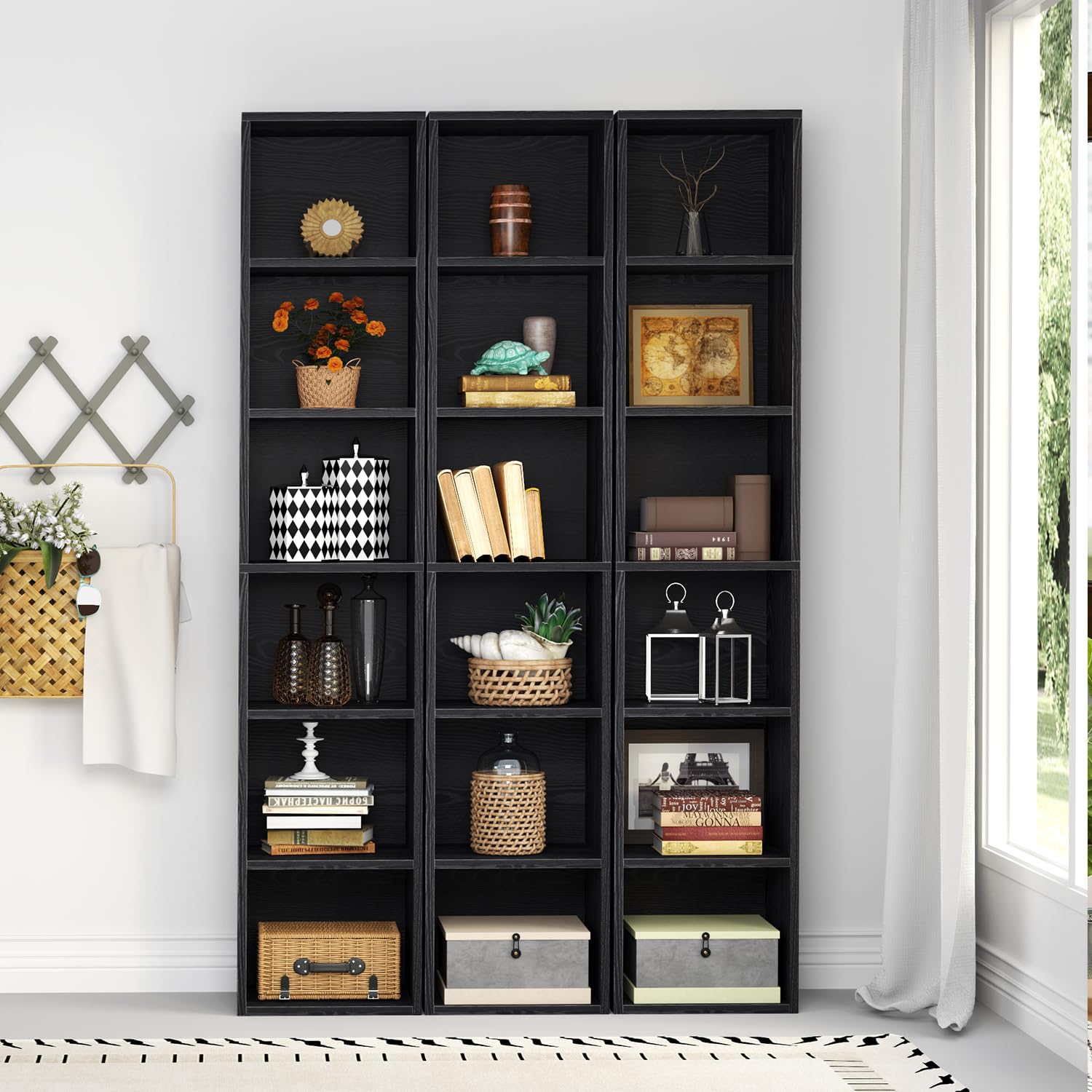 Oneinmil Tall Narrow Bookshelf Set of 2,6-Tier Cube Display Rack, Modern Corner Bookshelf with Storage Space, Storage Cabinet for Home Office,Black