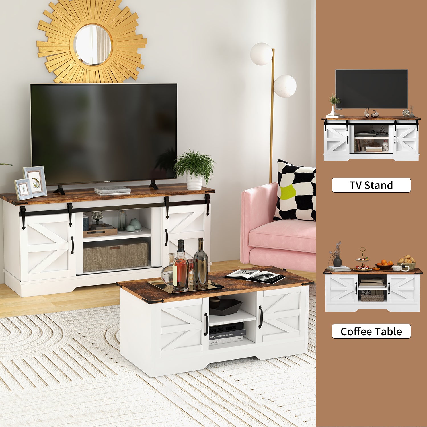 2-Piece Modern Farmhouse Furniture Set, White TV Stand for TVs up to 65-Inch, Farmhouse Coffee Table with Large Storage Space for Living Room, Family Room