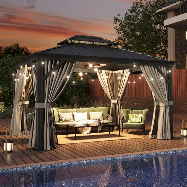 10' x 12' Hardtop Gazebo, Galvanized Steel Double Top, Permanent Aluminum Gazebo, Outdoor Metal Gazebo with Privacy Curtains and Mosquito Netting, for Parties, Gardens, Decks, Patios, Lawns