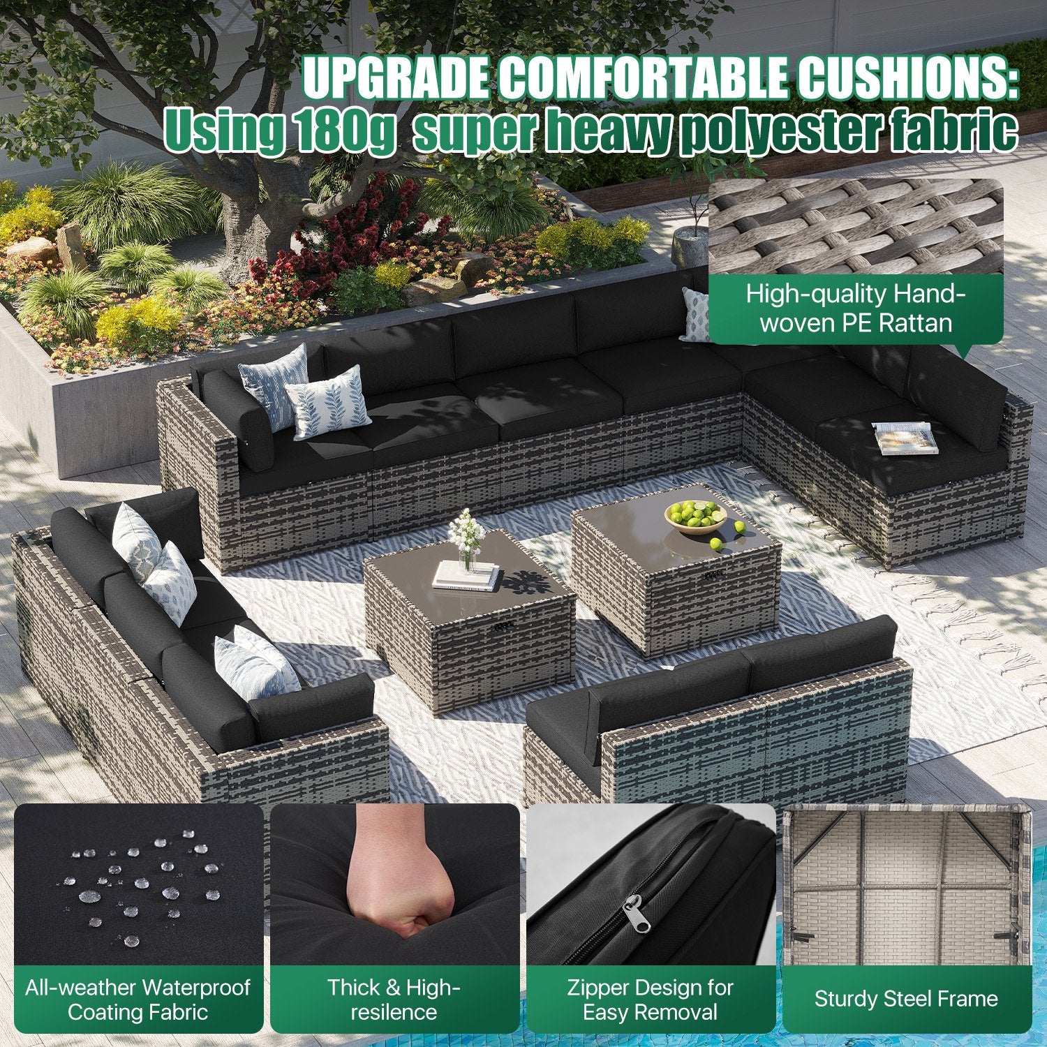 Clouddwell 14 Piece Patio Furniture Set Wicker Rattan Patio Conversation Set Outdoor Sectional Sofa Set with Coffee Table and Black Cushions(Waterproof Cover Included)