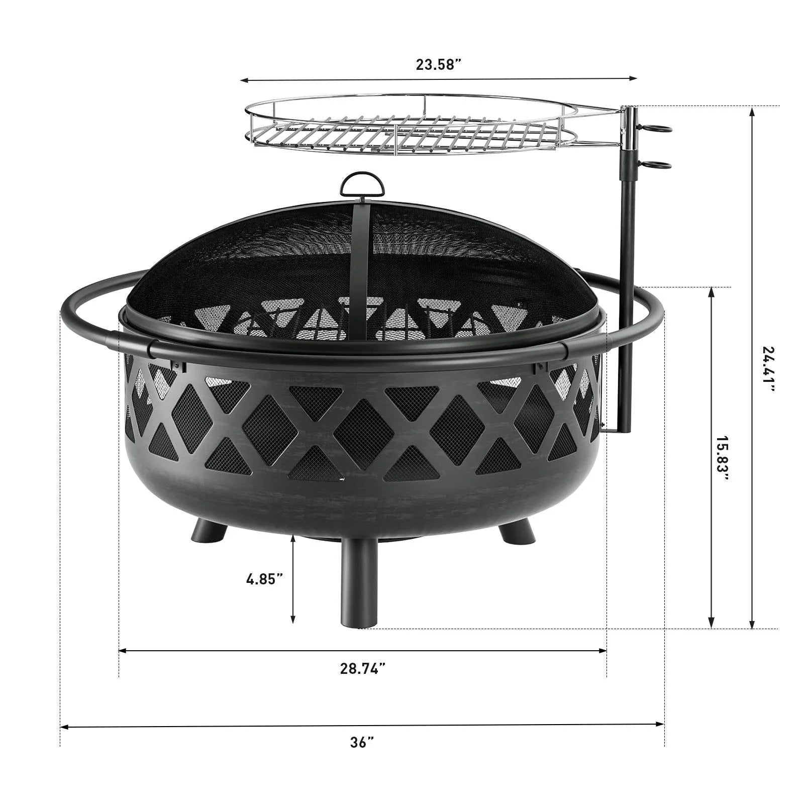 Fire Pit for Outside 36 inch, Outdoor Wood Burning Firepit with Cover & Fire Poker, Large Steel Firepit Bowl with Removable Cooking Swivel BBQ Grill for Backyard Bonfire Patio