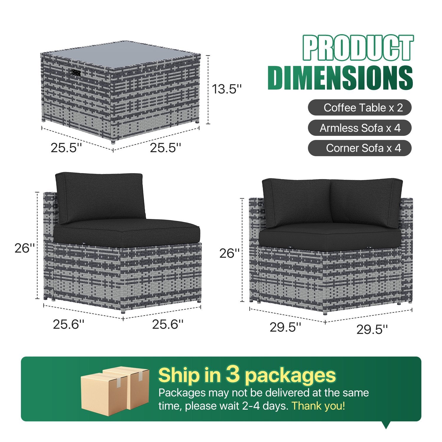 Clouddwell 10 Piece Patio Furniture Set Wicker Rattan Patio Conversation Set Outdoor Sectional Sofa Set with Coffee Table and Black Cushions(Waterproof Cover Included)