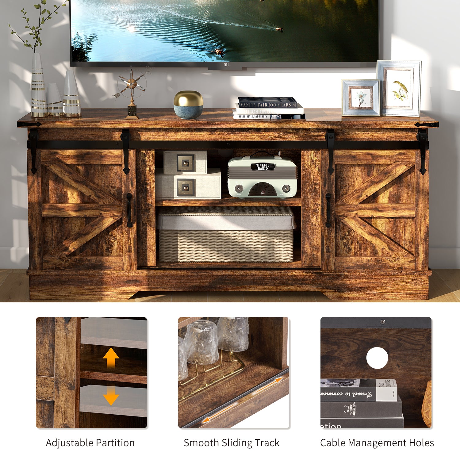 4-Piece Modern Farmhouse Furniture Set, Rustic Brown TV Stand for TVs up to 65-Inch, Two End Table with Charging Stake and USB Port, Farmhouse Coffee Table for Living Room, Family Room