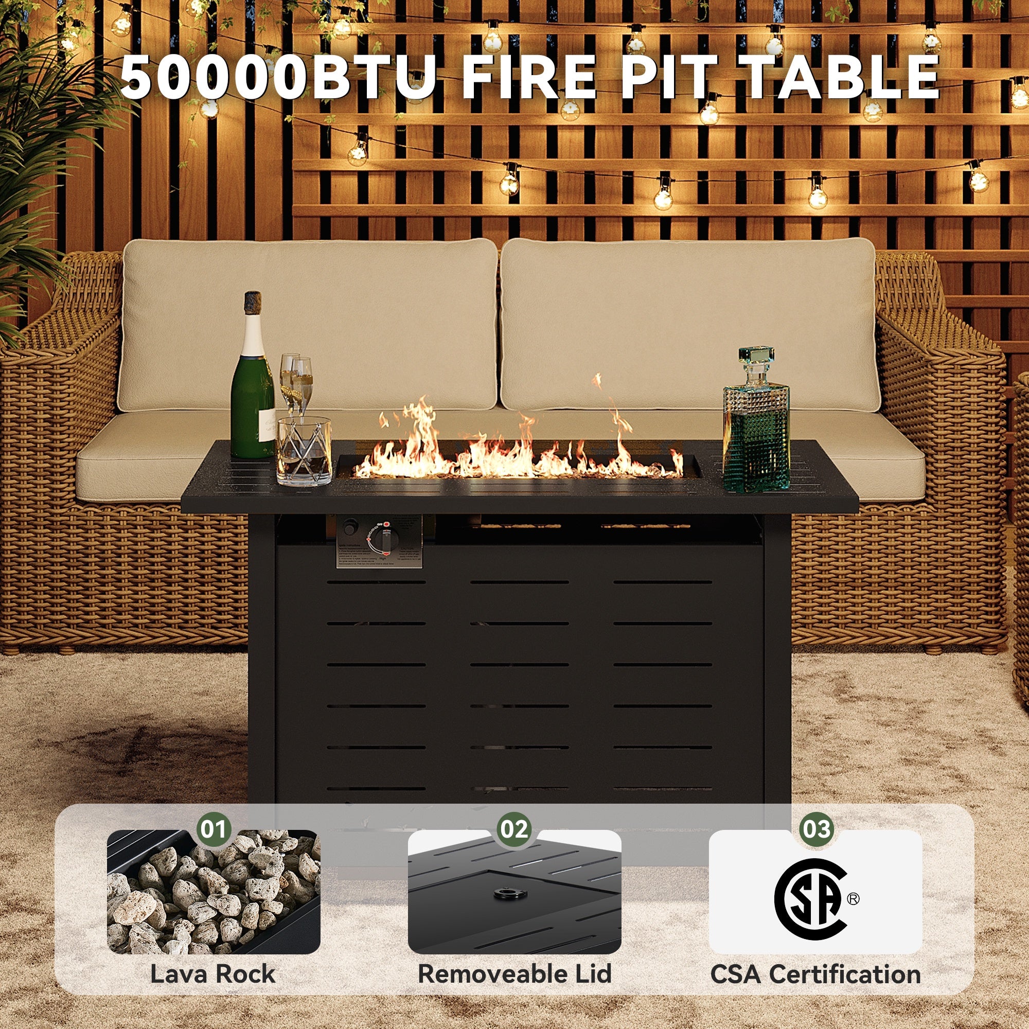 44" Propane Fire Pit Table, 50,000 BTU Auto Ignition Steel Gas Fire Pit with Removable Lid & Waterproof Cover for Patio, Backyard, Black