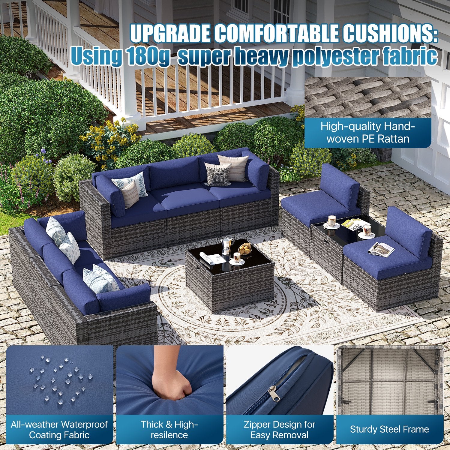 Sunmthink Patio Furniture Sets, 10-Piece Outdoor Patio Furniture with Thick Cushions, Wicker Outdoor Conversation Set and Waterproof Cover for Backyard, Poolside, Garden