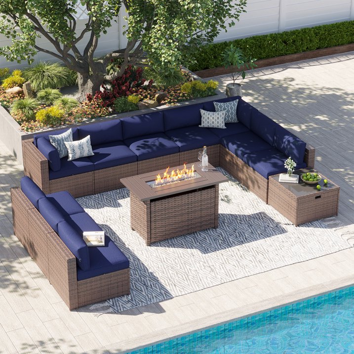 Clouddwell 12 Piece Patio Furniture Set with 44” Fire Pit Table Wicker Rattan Patio Conversation Set Outdoor Sectional Sofa Set with Coffee Table and Blue Cushions(Waterproof Cover Included)