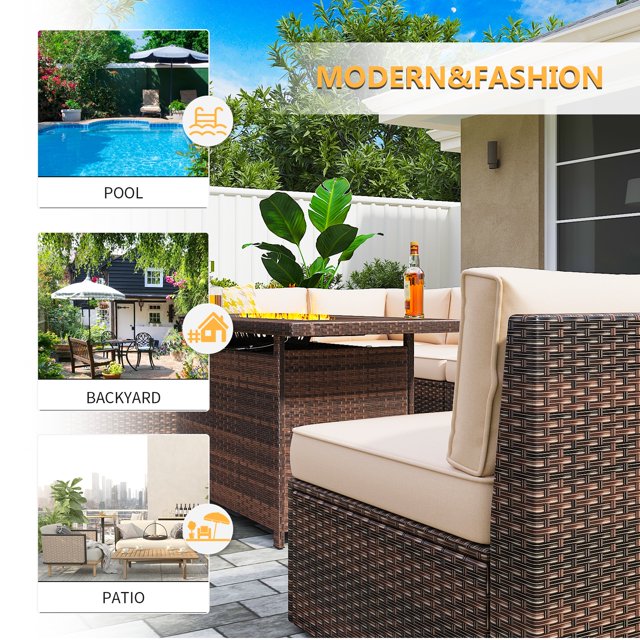 7 Pieces Outdoor Patio Furniture Sets with 44'' Fire Pit Table, PE Rattan Wicker Sectional Sofa with Coffee Table for Lawn, Backyard,Balcony, Beige