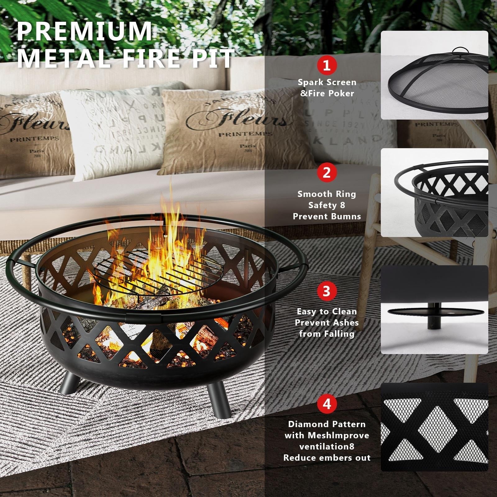 Fire Pit for Outside 36 inch, Outdoor Wood Burning Firepit with Cover & Fire Poker, Large Steel Firepit Bowl with Removable Cooking Swivel BBQ Grill for Backyard Bonfire Patio