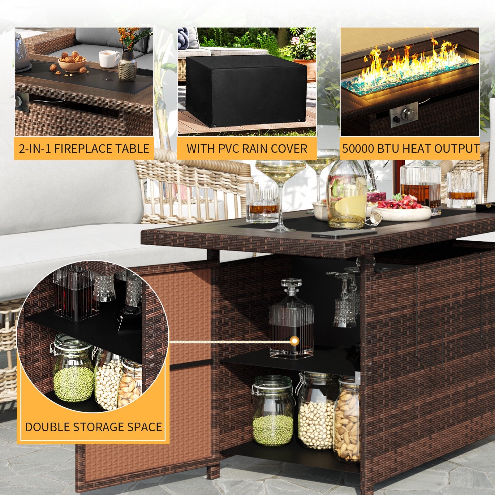 10pcs Outdoor Patio Furniture Sets with Fire Pit Table, PE Rattan Wicker Conversation Sofa Set with Swivel Chairs and Coffee Table for Lawn, Backyard,Balcony, Gray