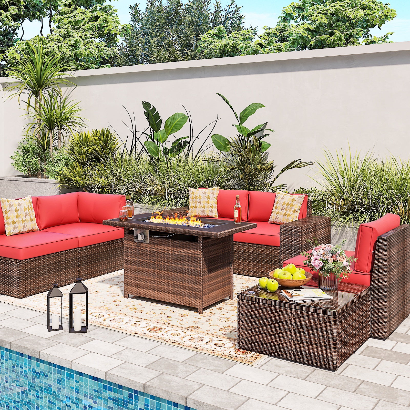7 Pieces Outdoor Patio Furniture Sets with 44'' Fire Pit Table, PE Rattan Wicker Sectional Sofa with Coffee Table for Lawn, Backyard,Balcony, Red