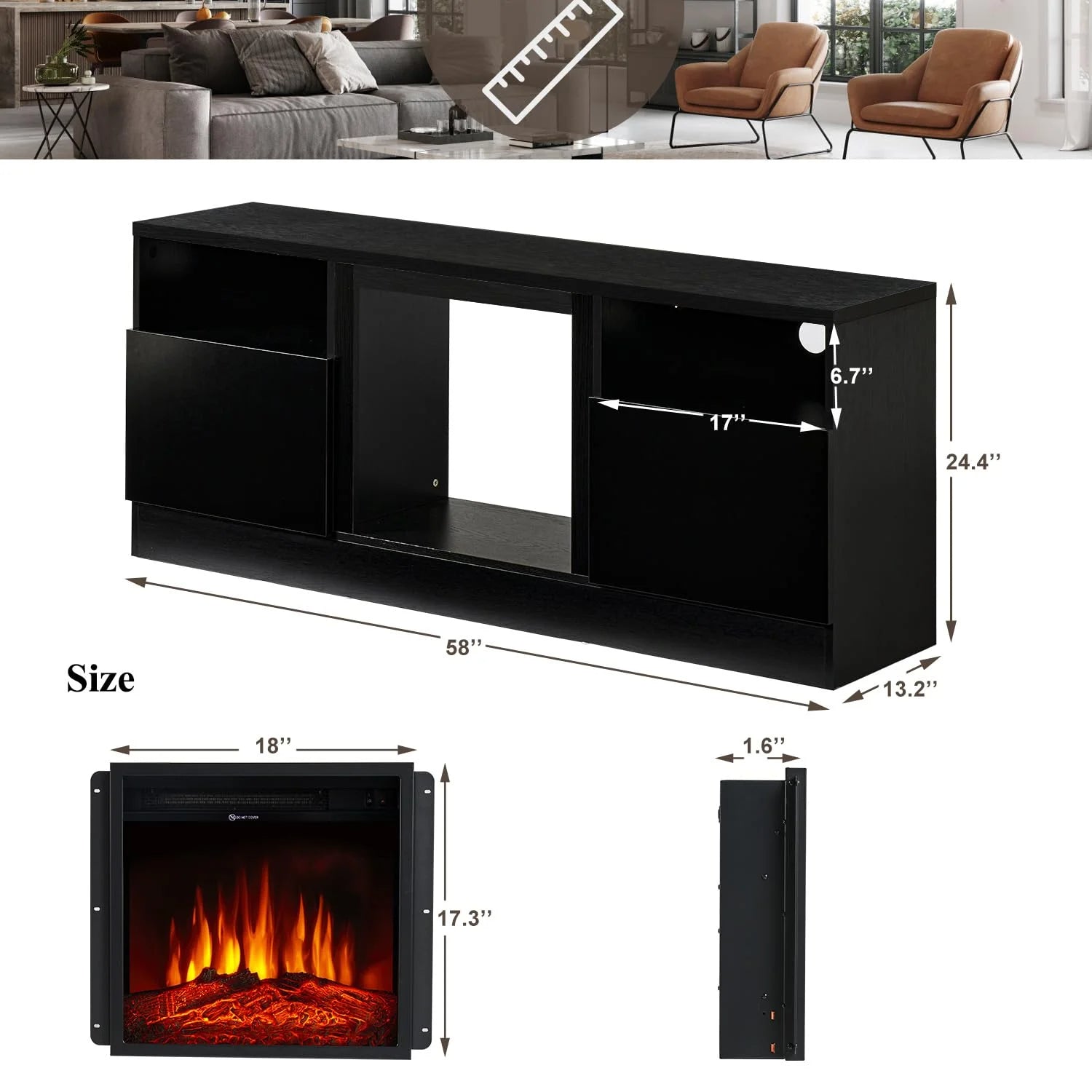 TV Stand with Fireplace for TVs up to 65", 58" Fireplace TV Stand, Entertainment Center with Fireplace for Living Room, Bedroom, Black