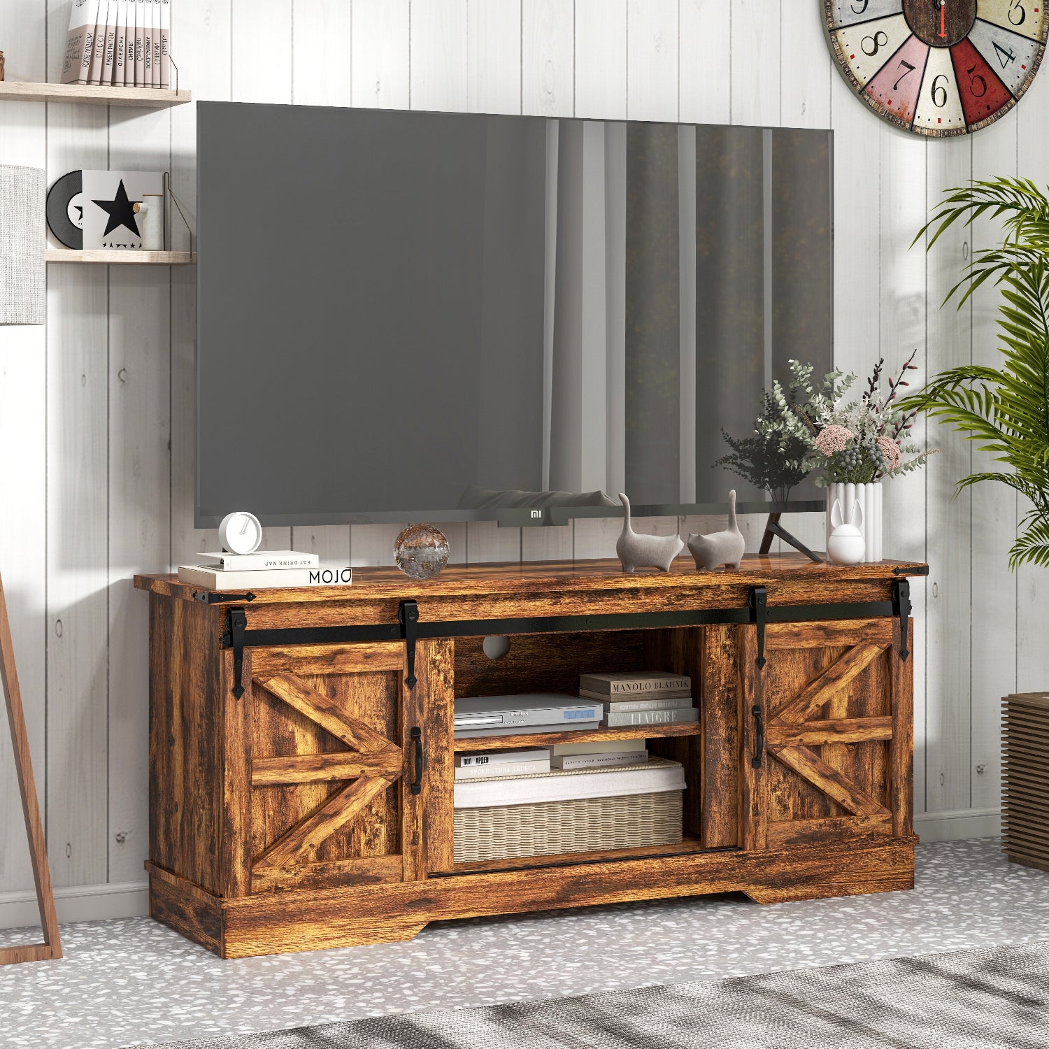 2-Piece Modern Farmhouse Furniture Set, Rustic Brown TV Stand for TVs up to 65-Inch, Farmhouse Coffee Table with Large Storage Space for Living Room, Family Room